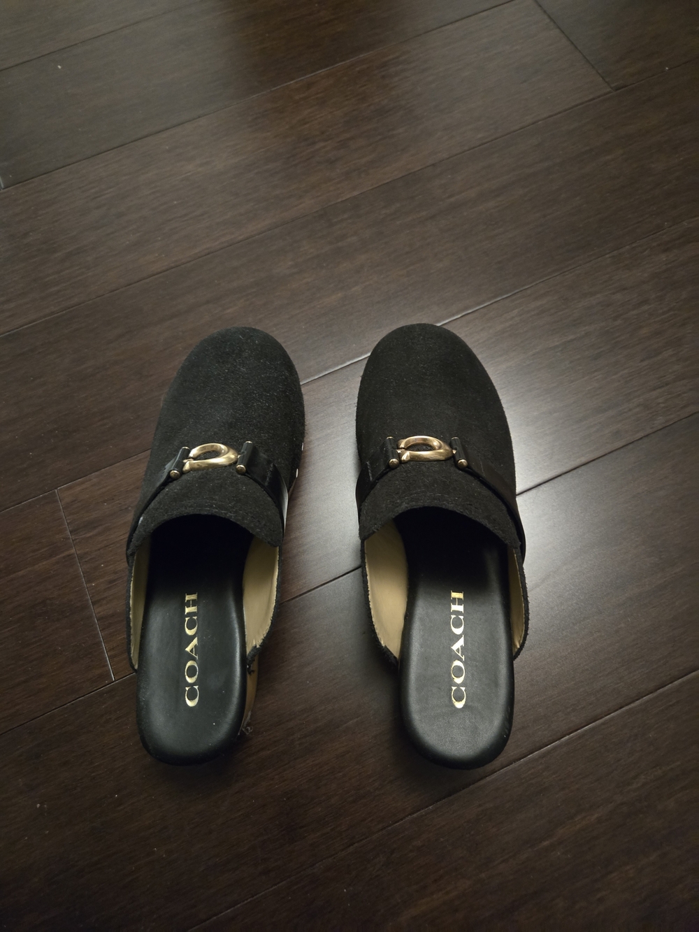 Coach Black Suede Slip-On Mules with Gold Bit